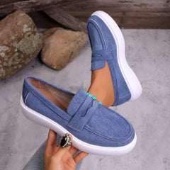Mocassin femme semelle épaisse blanche à bande, Bleu