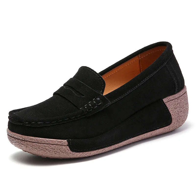 Mocassins penny à semelle épaisse en daim pour femme, coloris Noir