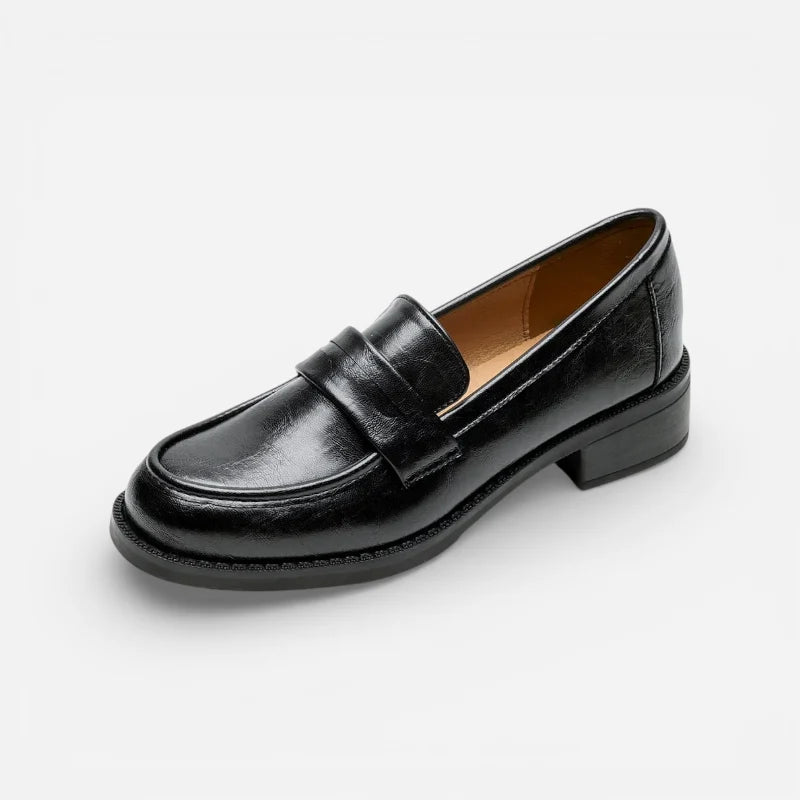Mocassin En Cuir Vernis Noir à Talon Pour Femme
