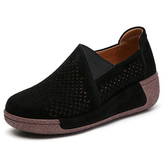 Mocassin Femme Daim Ajouré à Semelle Compensée, Noir