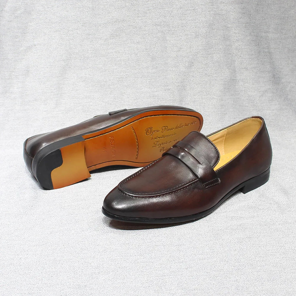 Mocassins penny loafer en cuir patiné pour homme