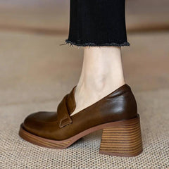 Mocassin Femme Talon Carré et Semelle Épaisse, Marron