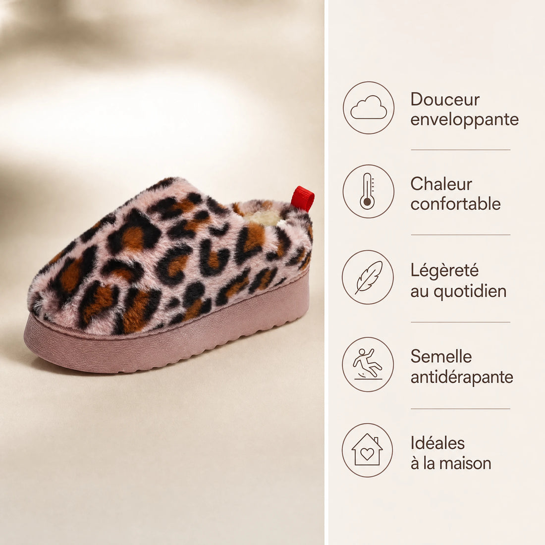 Mocassin mule fourrée léopard à plateforme pour femme, rose