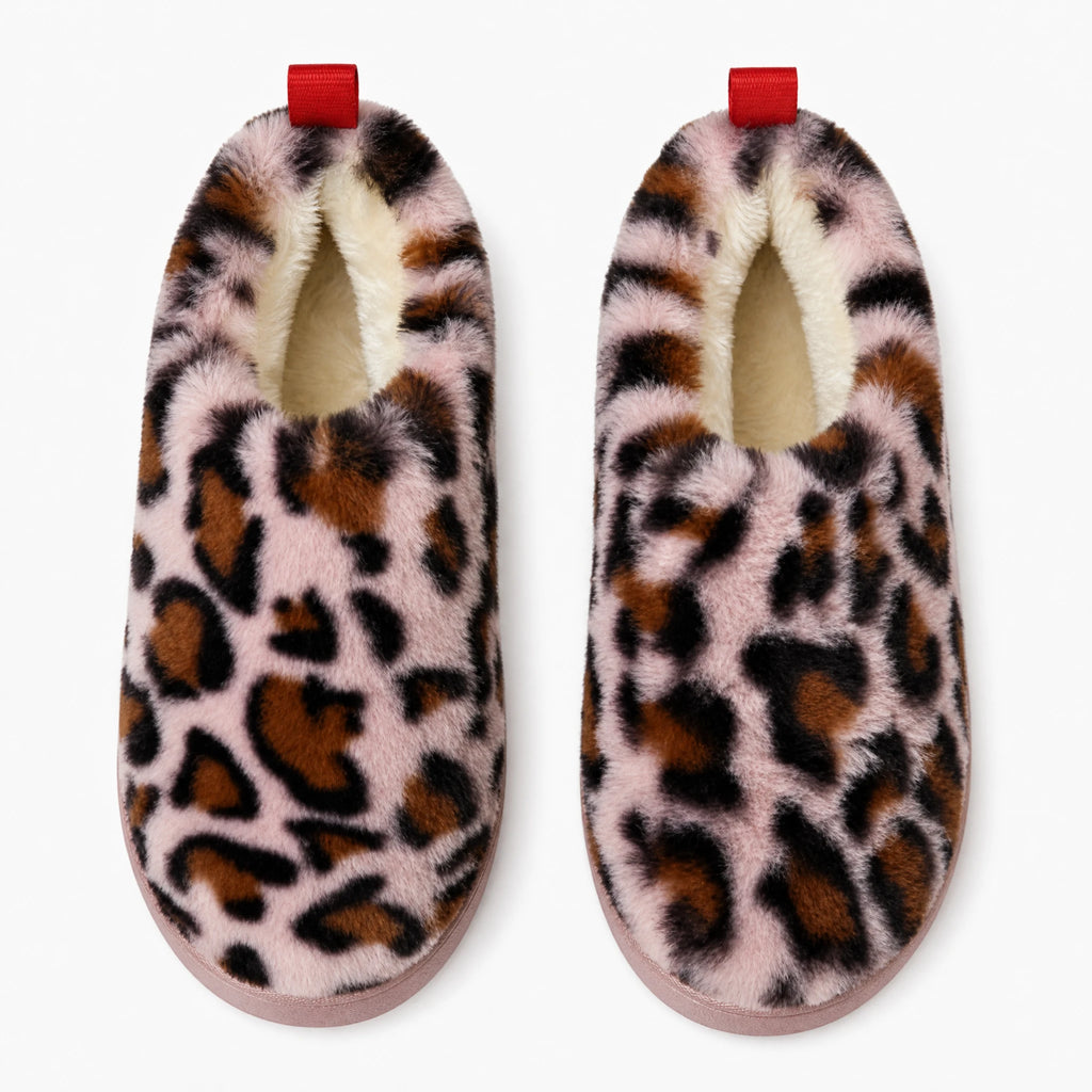 Chaussons Léopard Femme Doublés à Semelle Épaisse Rose - Fond neutre