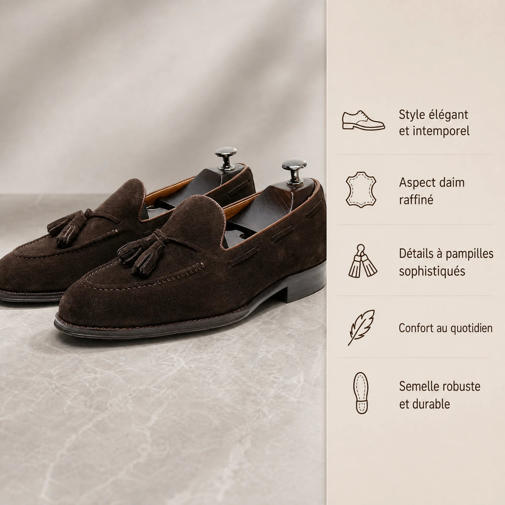 Mocassin à gland homme daim à pampilles marron - Bénéfices produit