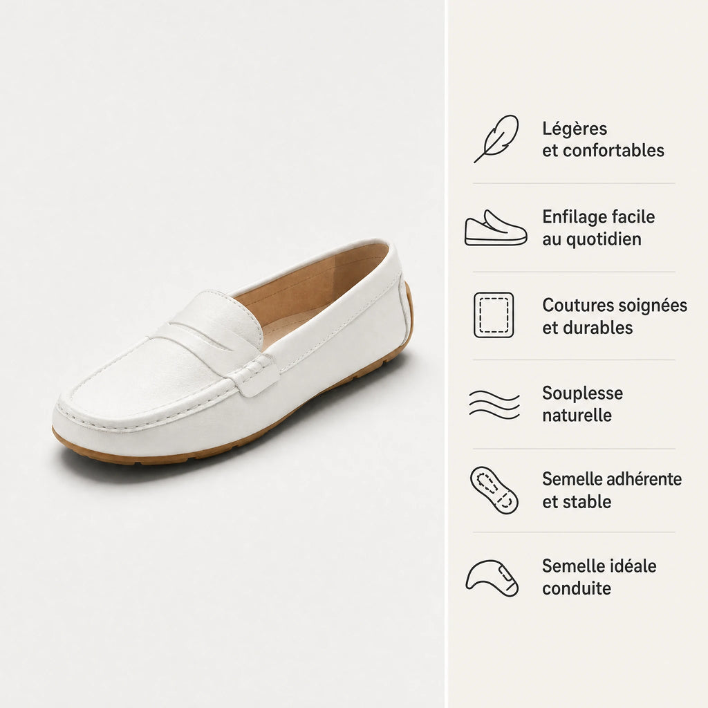 Mocassin Blanc Femme Cuir Mat avec Semelle Crantée - Bénéfices produit