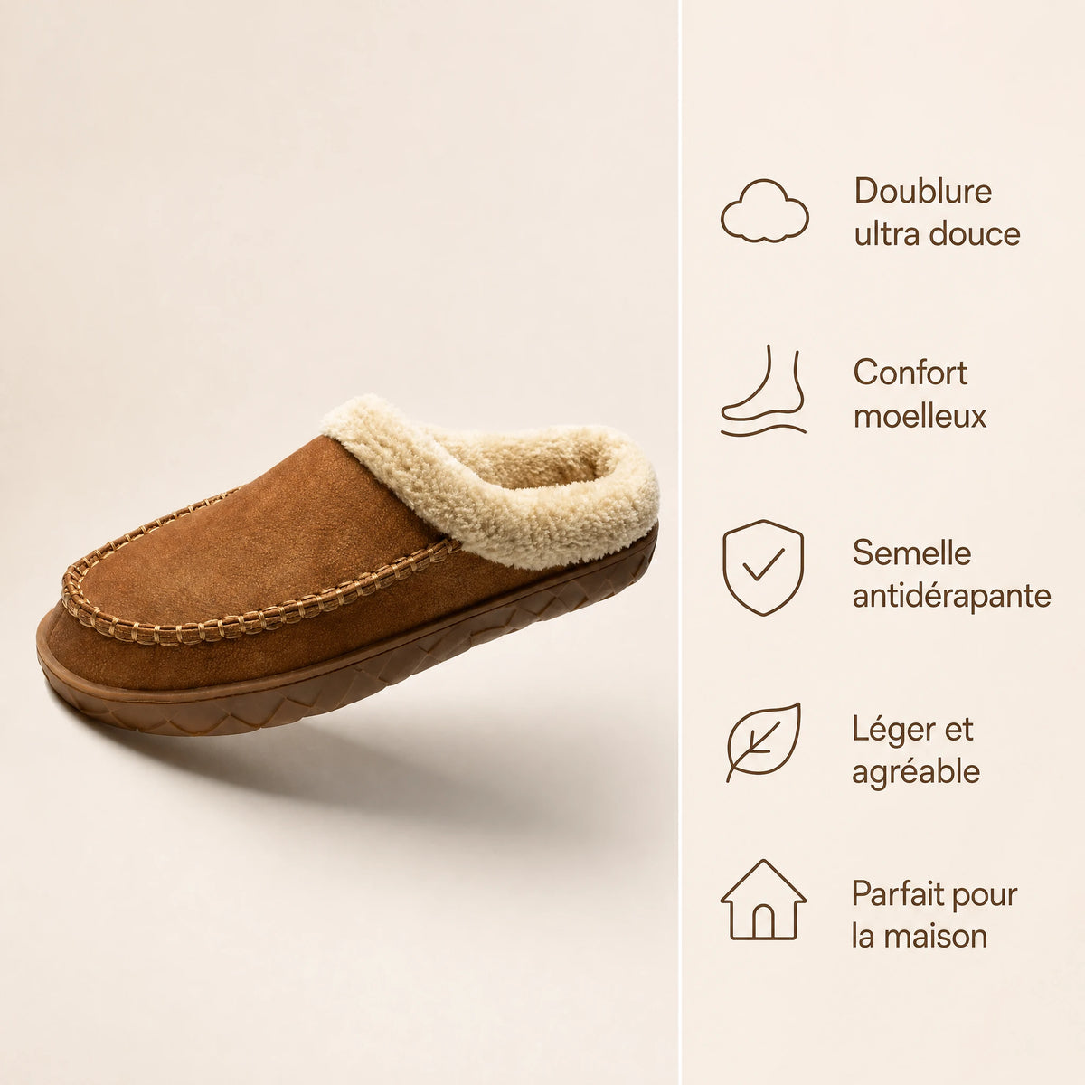 Mocassin Chausson Fourré Camel à Col Bouclette - Bénéfices produit