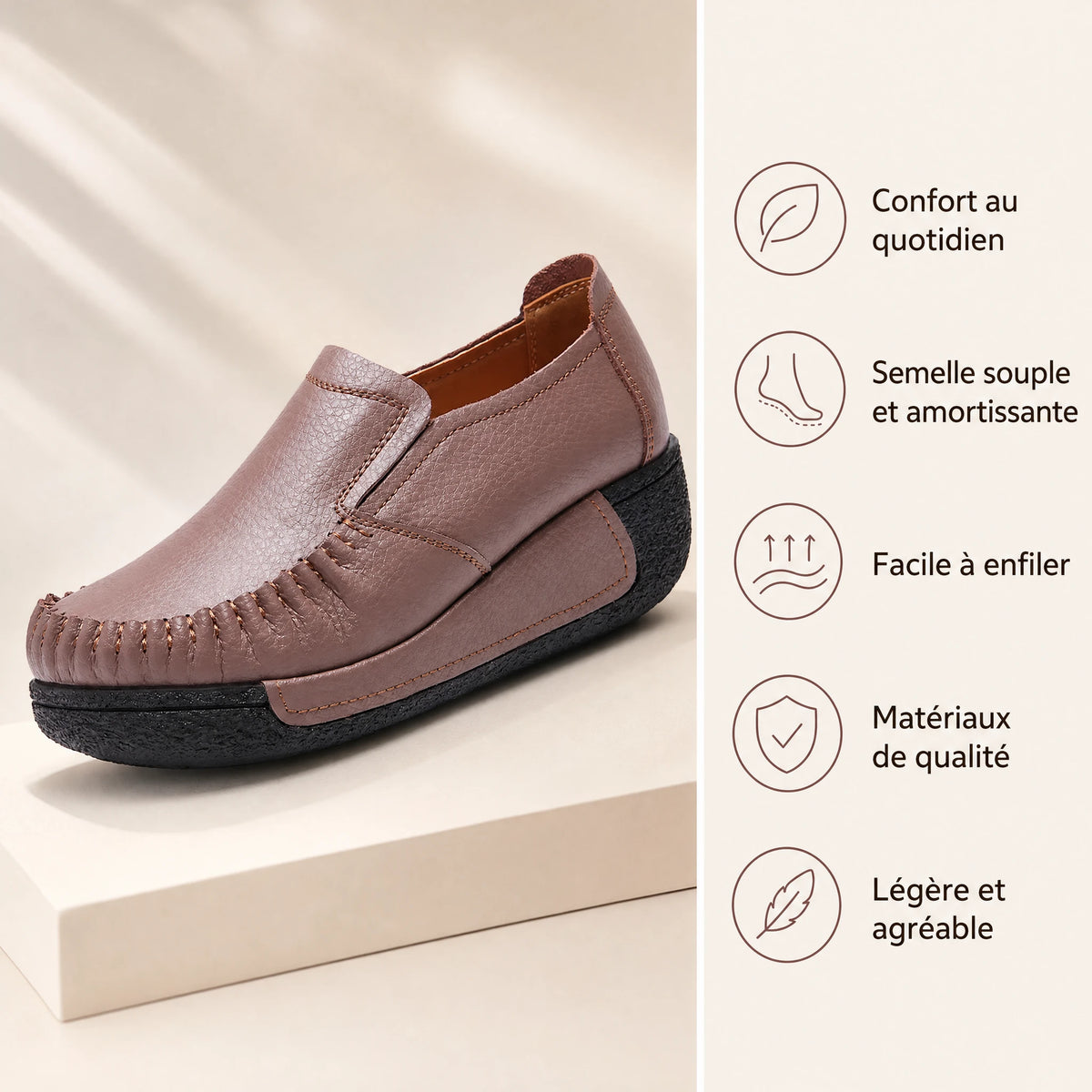 Mocassin Cuir Lisse à Semelle Épaisse pour Femme - Bénéfices produit
