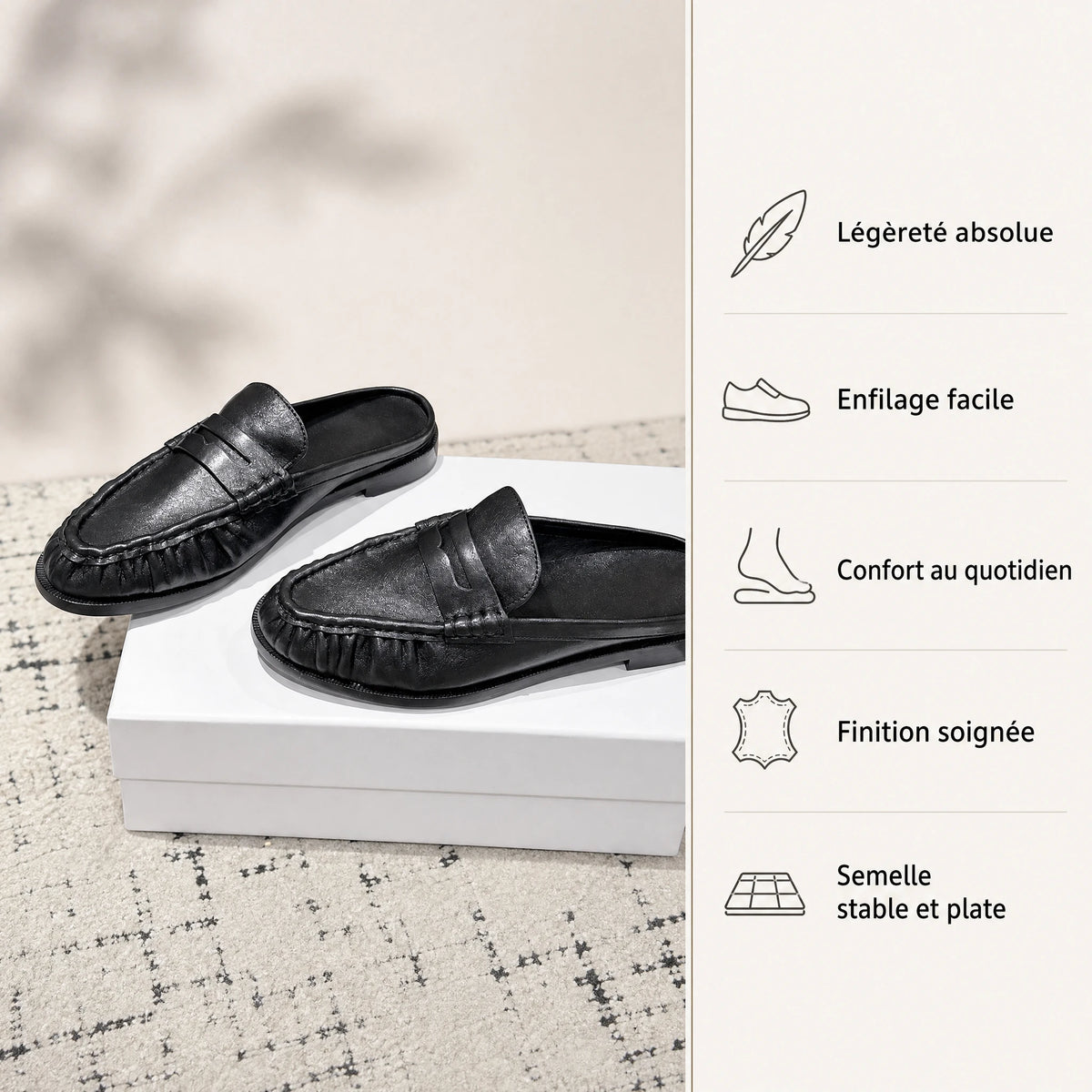 Mocassin Cuir Lisse Femme Plissé Talon Ouvert - Bénéfices produit