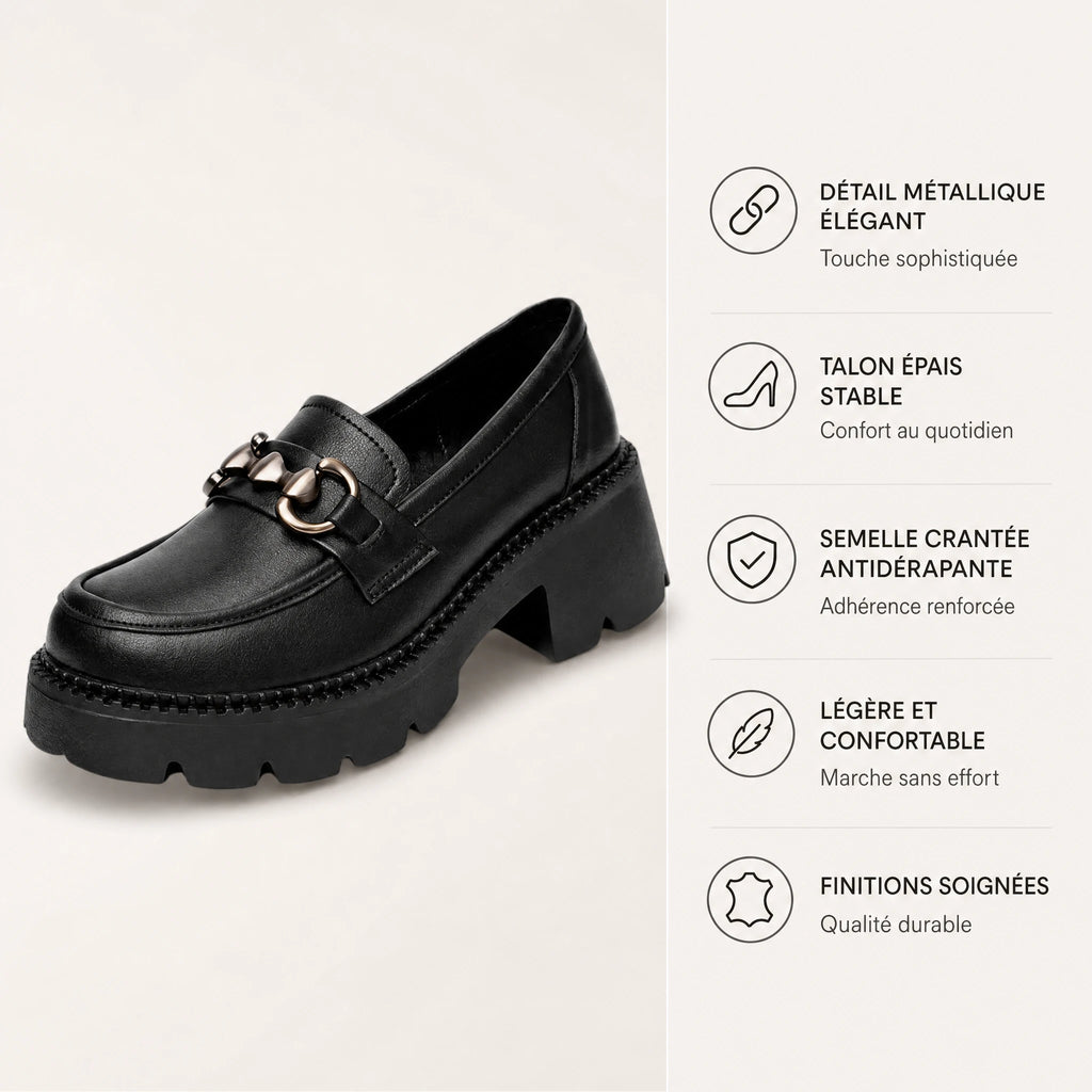 Mocassin Cuir Noir Femme à Plateforme Crantée et Chainette - Bénéfices produit