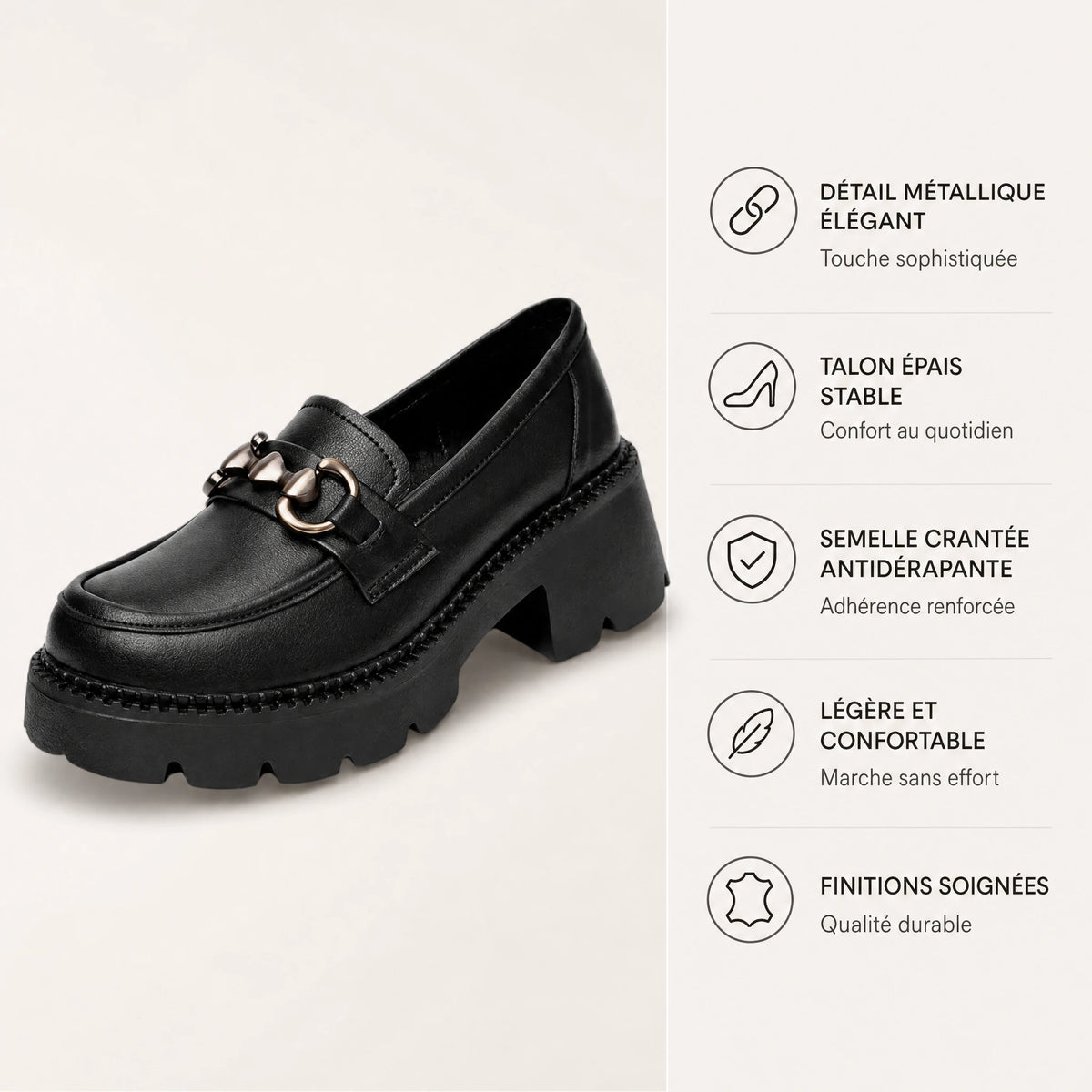 Mocassin Cuir Noir Femme à Plateforme Crantée et Chainette - Bénéfices produit