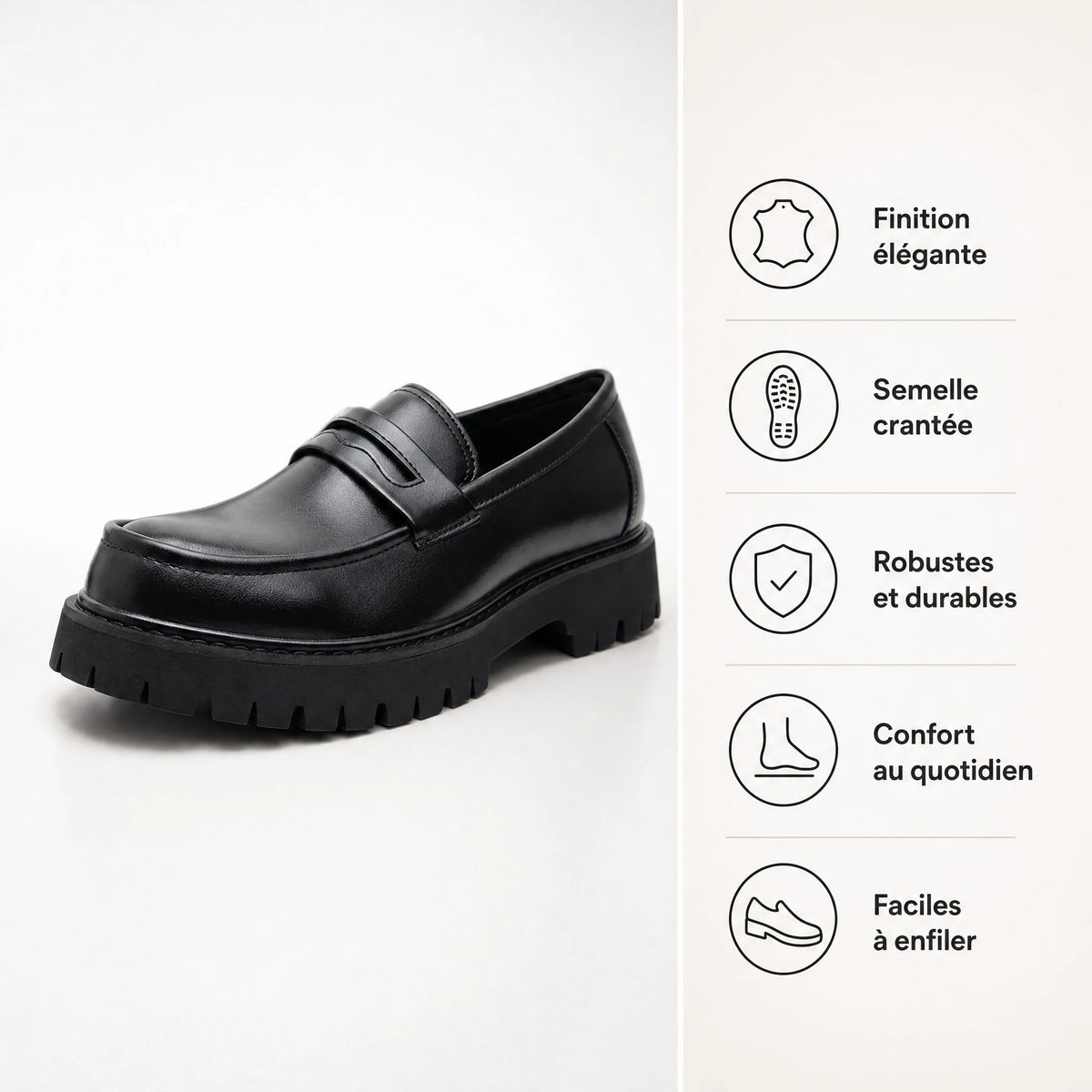 Mocassin Cuir Noir Homme à Semelle Crantée - Bénéfices produit