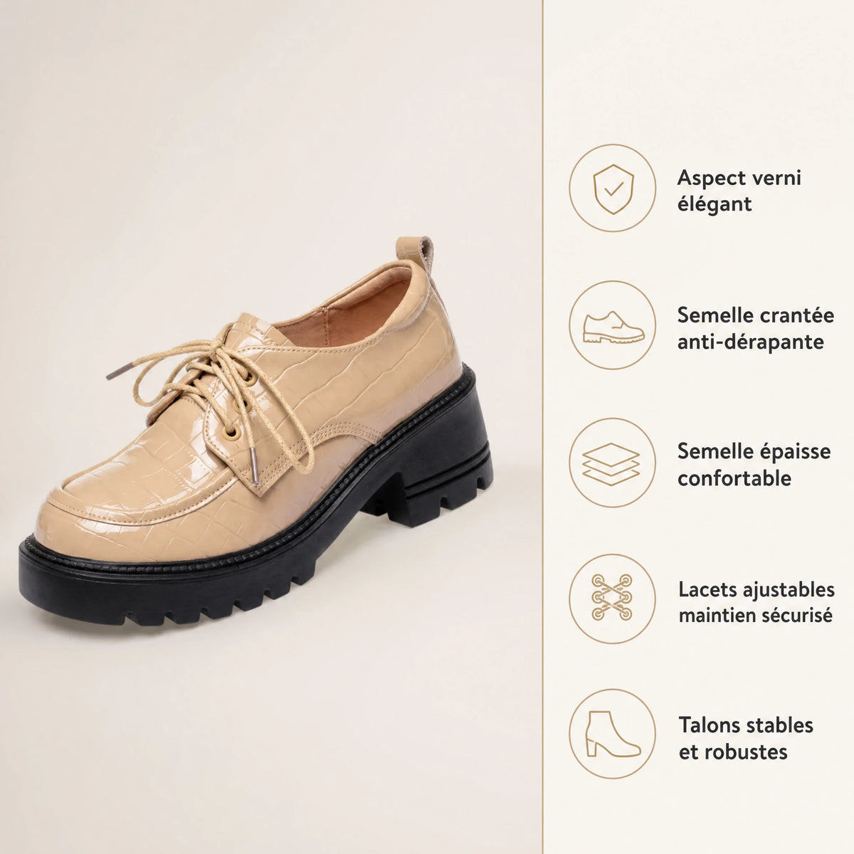 Mocassin cuir talon femme effet croco vernis beige - Bénéfices produit