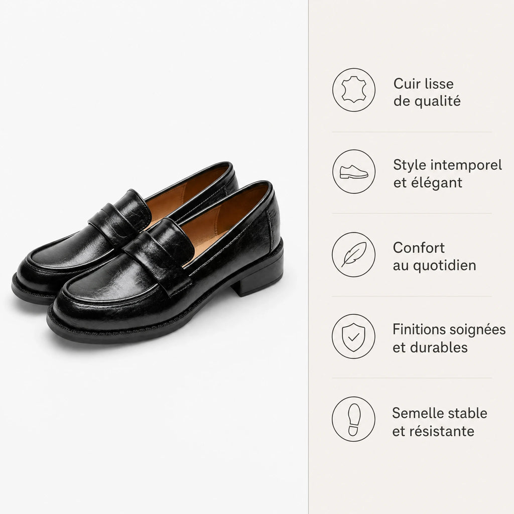 Mocassin cuir vernis noir femme à talon et bride - Bénéfices produit