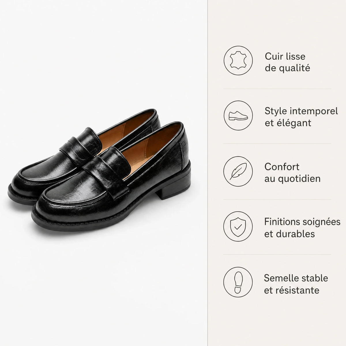 Mocassin cuir vernis noir femme à talon et bride - Bénéfices produit