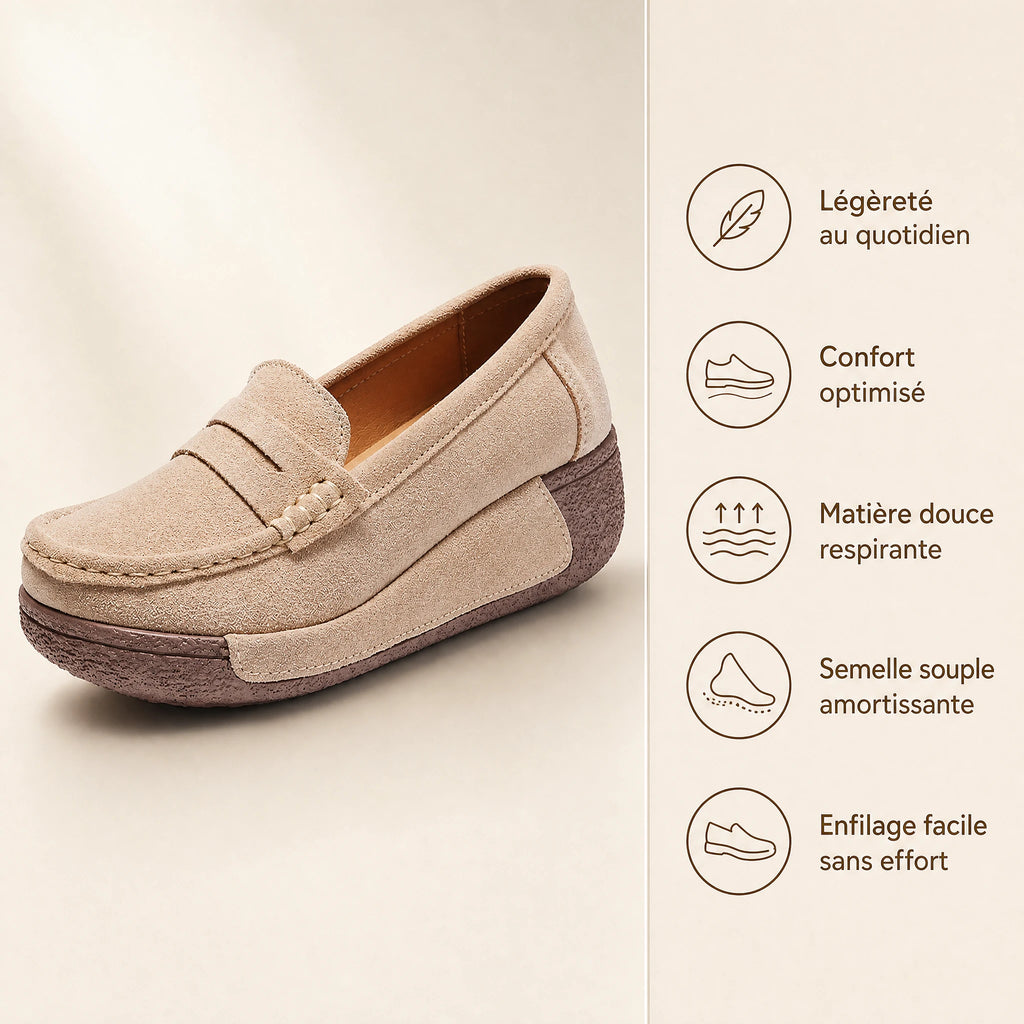Mocassin daim femme à semelle compensée et finition penny - Bénéfices produit