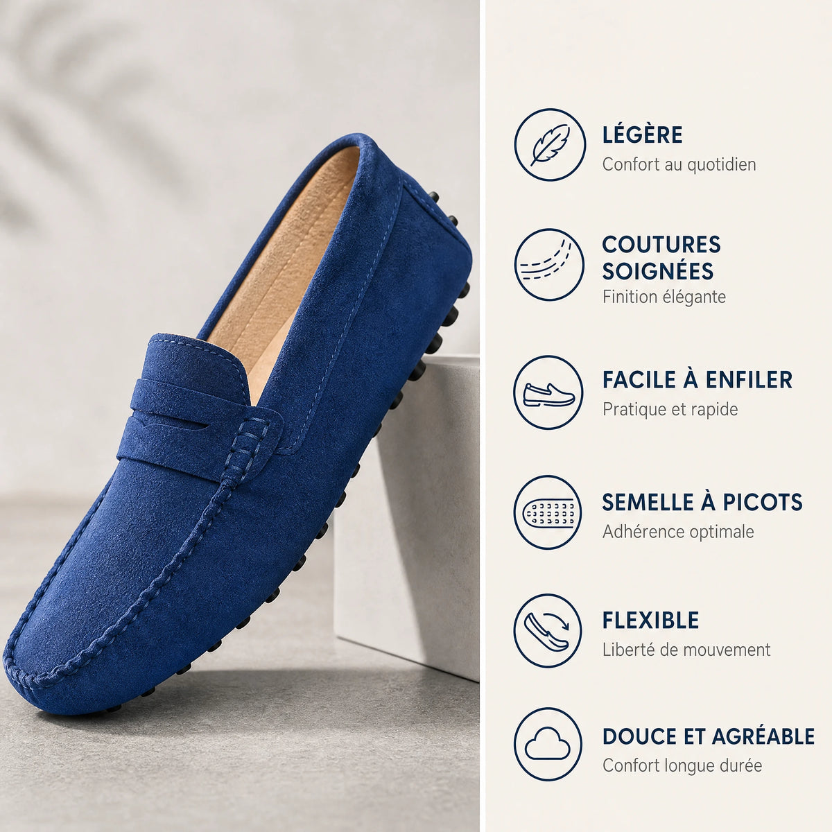 Mocassin daim homme aux semelles crantées, 5 couleurs - Bénéfices produit