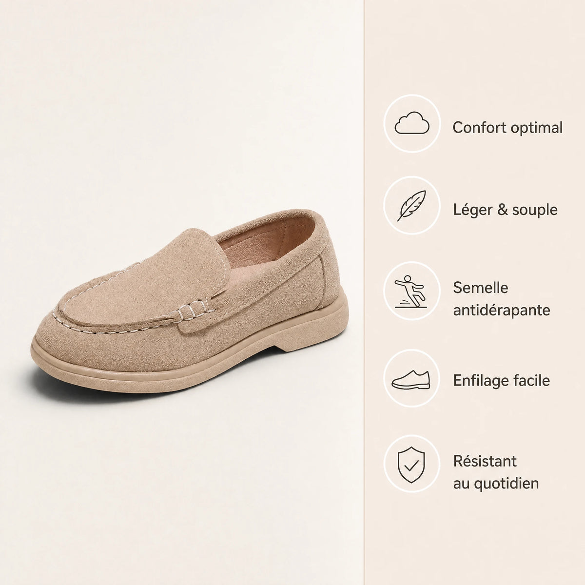 Mocassin enfant beige à enfiler, style classique - Bénéfices produit