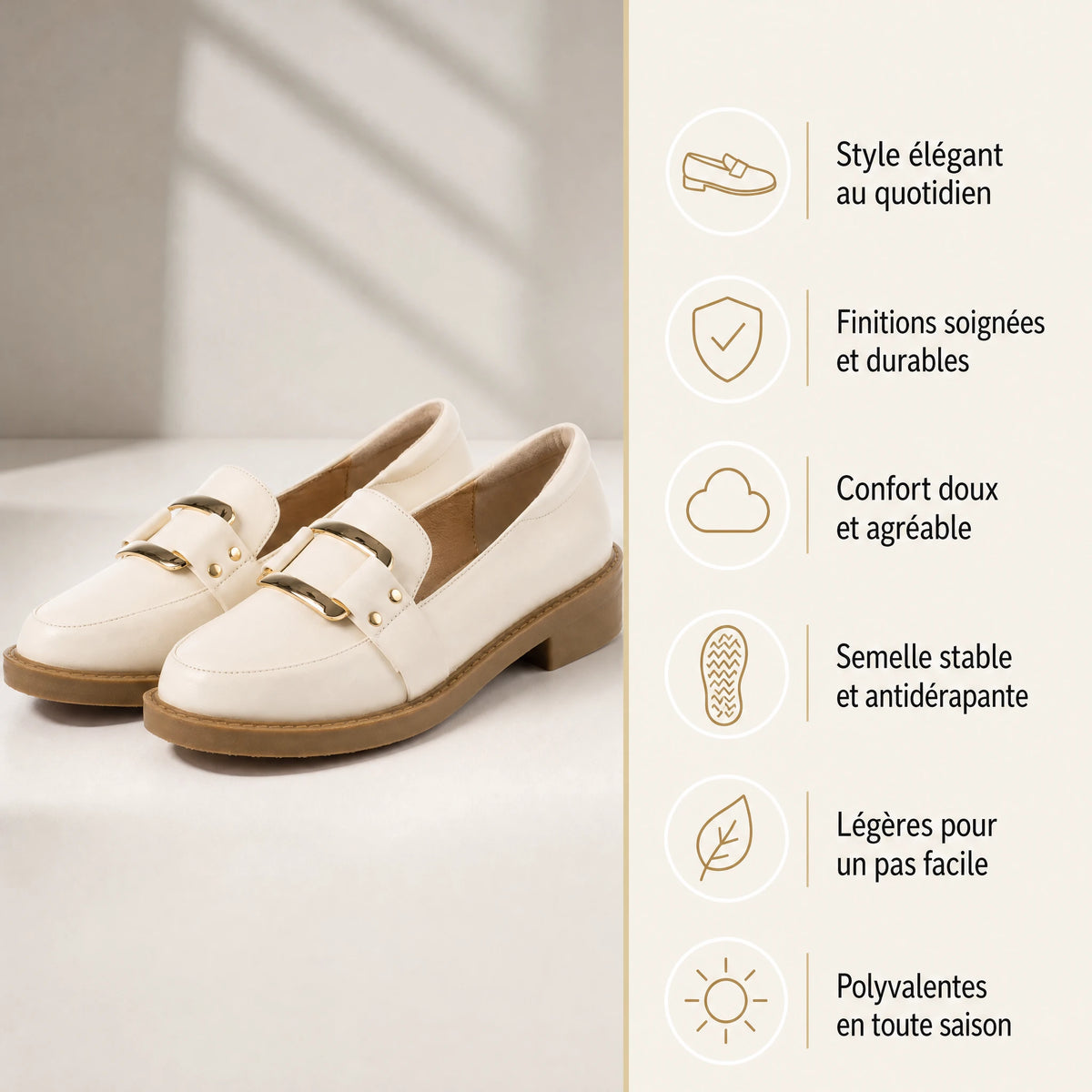 Mocassin femme beige à boucle dorée et semelle camel - Bénéfices produit