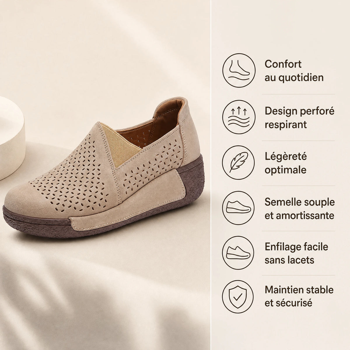 Mocassin Femme Daim Ajouré à Semelle Compensée - Bénéfices produit