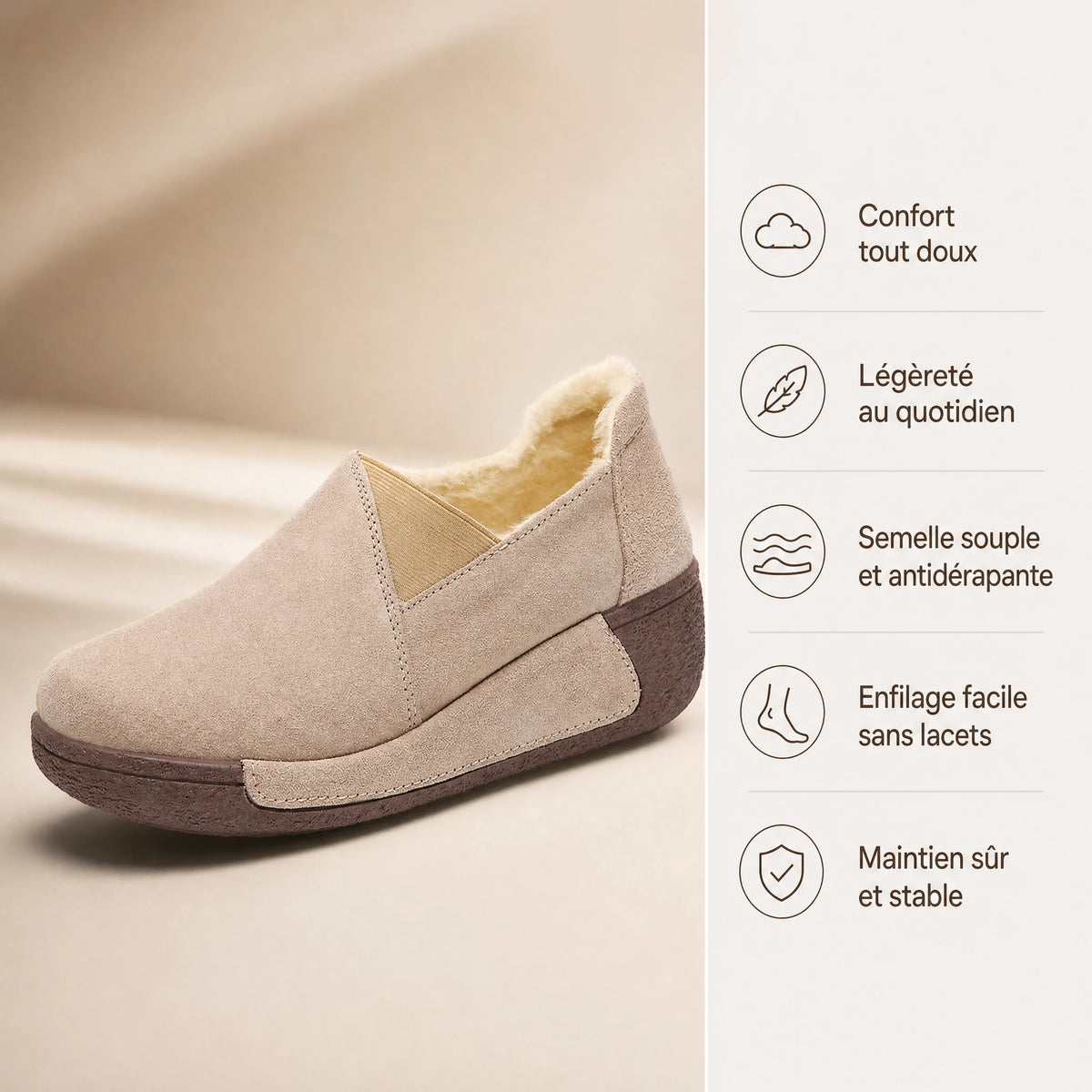 Mocassin Femme Daim Beige Doublé Polaire à Semelle Compensée - Bénéfices produit