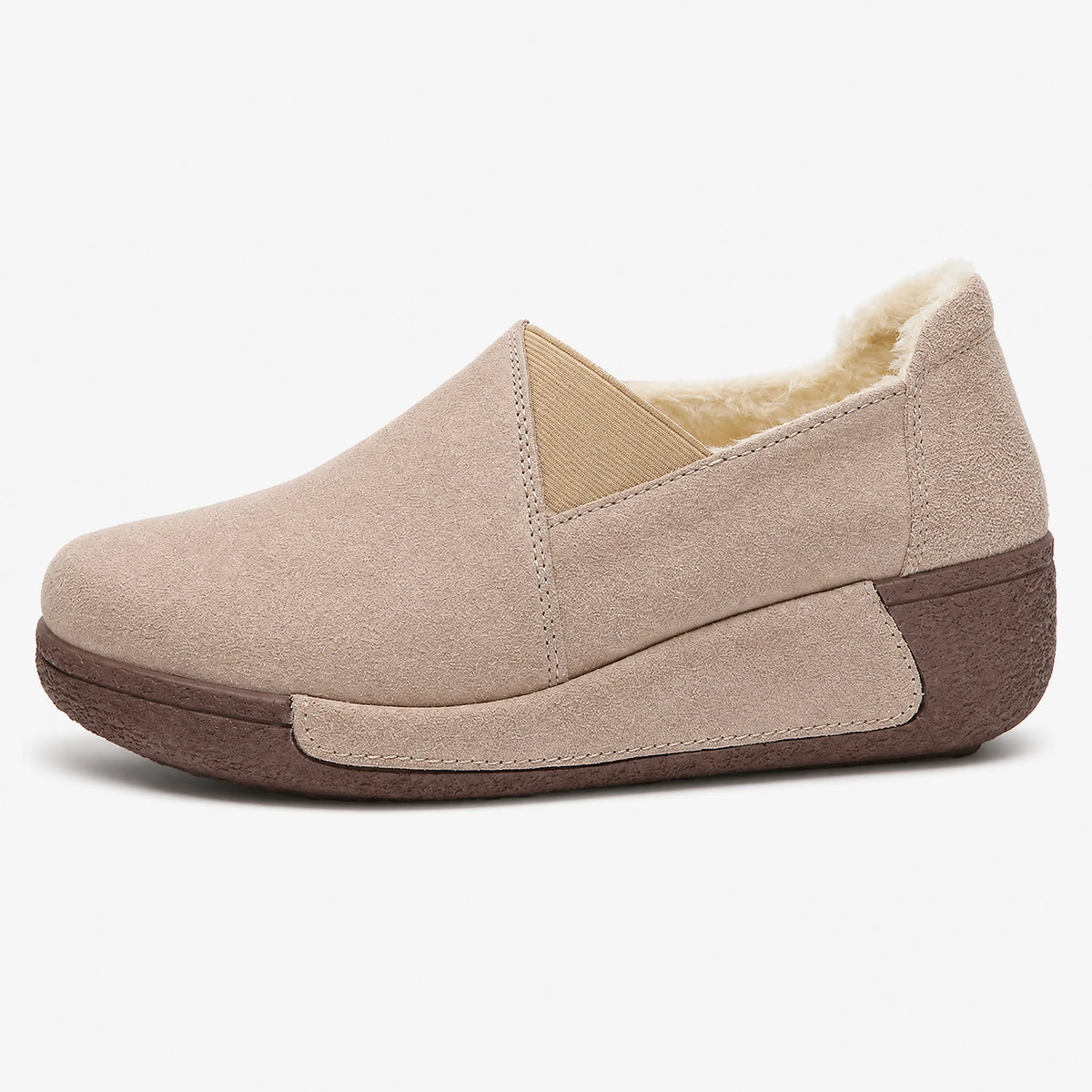 Mocassin Femme Daim Beige Doublé Polaire à Semelle Compensée - Fond neutre