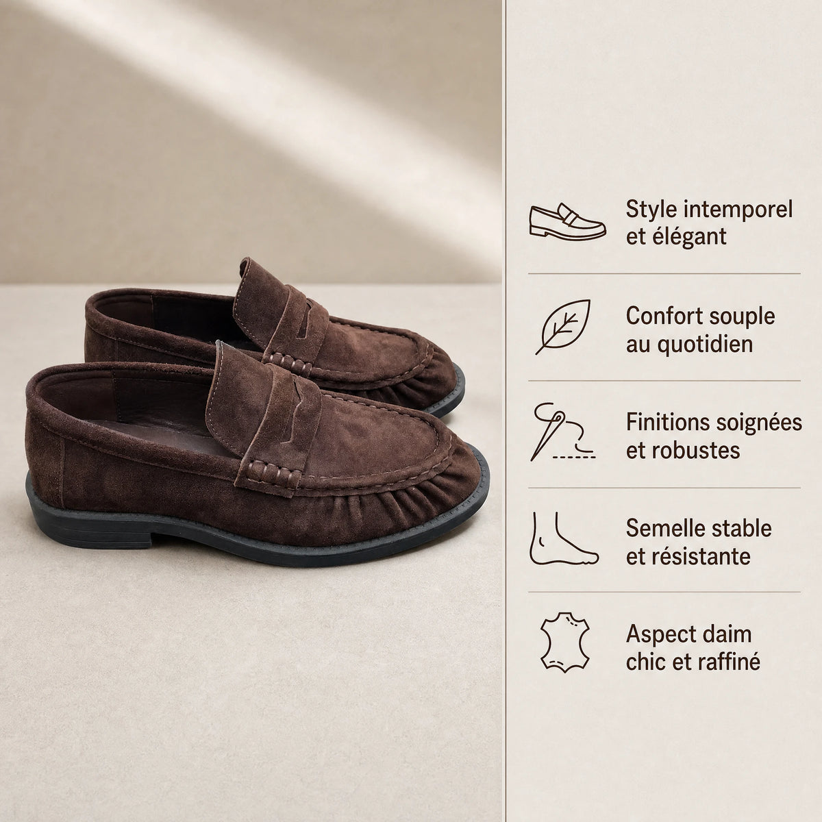 Mocassin femme daim marron à surpiqûres plissées - Bénéfices produit