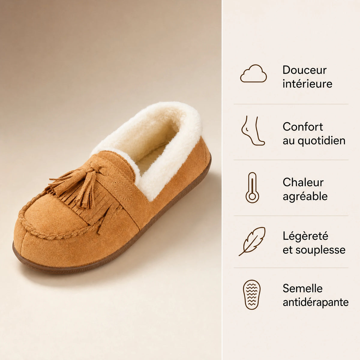 Mocassin fourré femme camel à pompons et doublure laine - Bénéfices produit