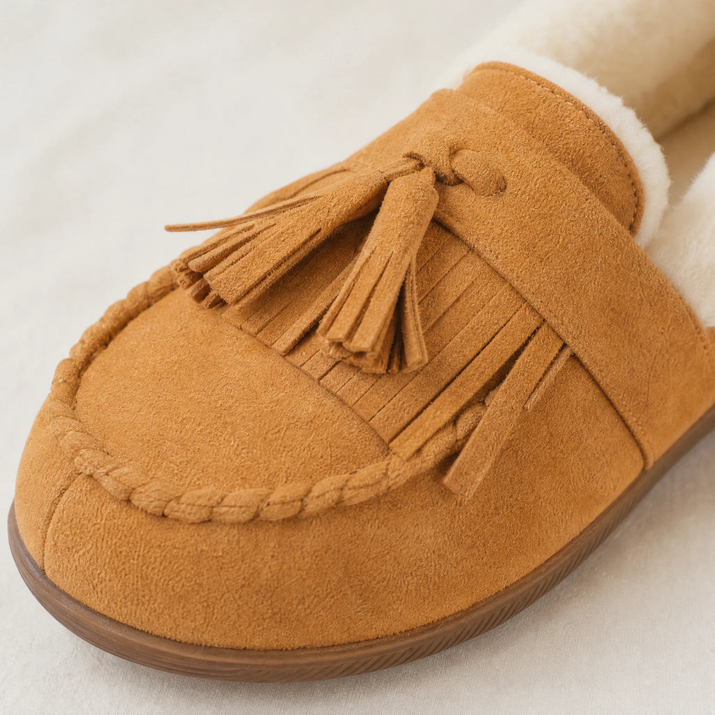 Mocassin fourré femme camel à pompons et doublure laine - Détail matière