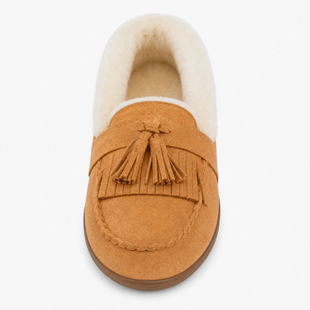 Mocassin fourré femme camel à pompons et doublure laine - Fond neutre