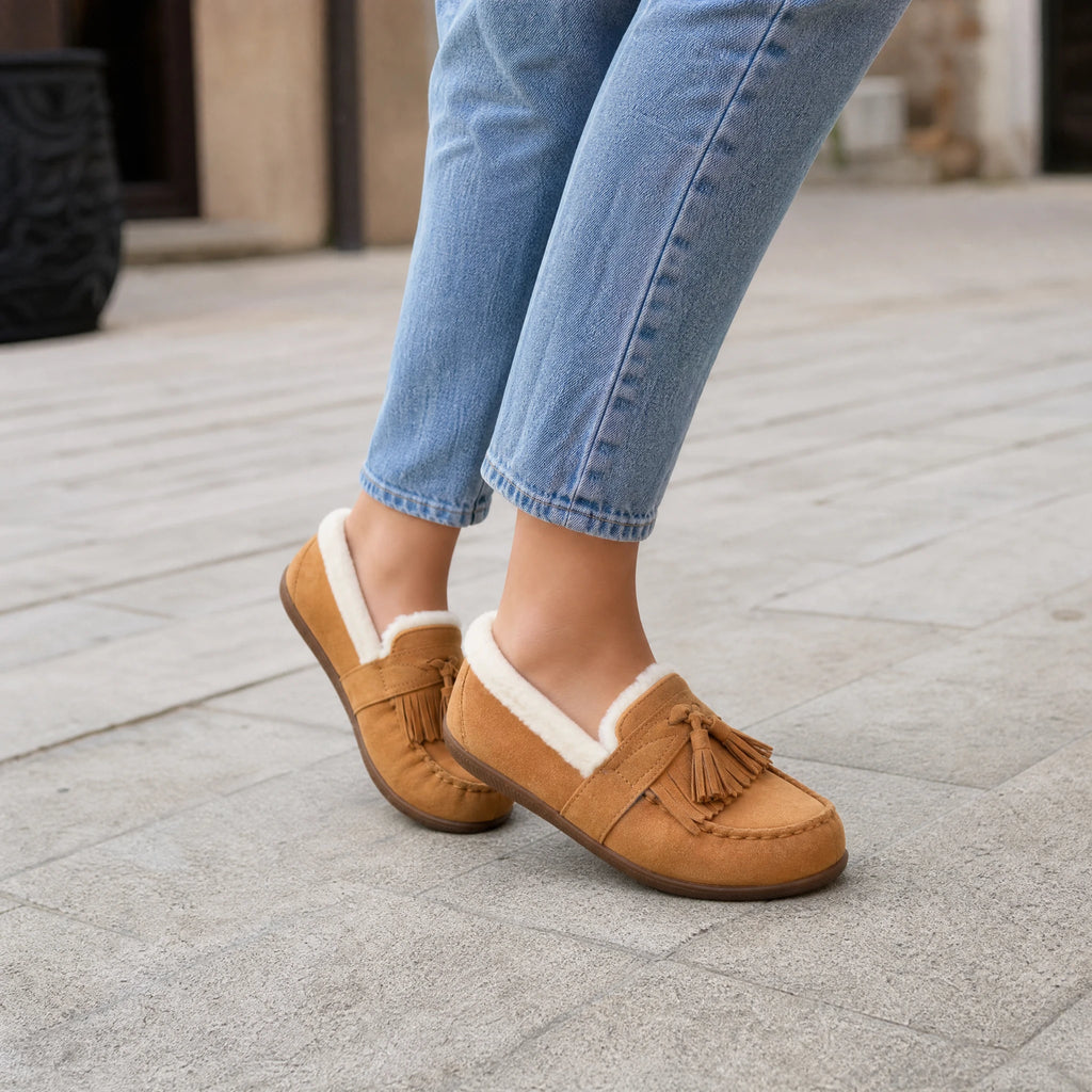 Mocassin fourré femme camel à pompons et doublure laine - Utilisation du produit