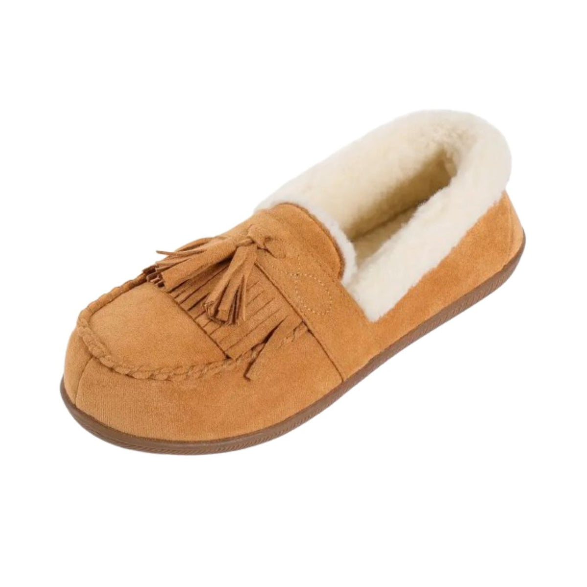 Mocassin fourré femme camel à pompons et doublure laine