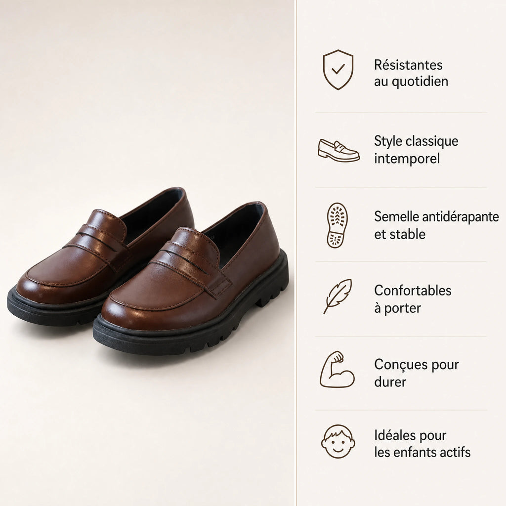 Mocassin garçon marron à semelle crantée et talon renforcé - Bénéfices produit
