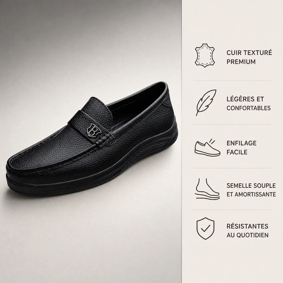 Mocassin homme semelle épaisse en cuir grainé noir - Bénéfices produit