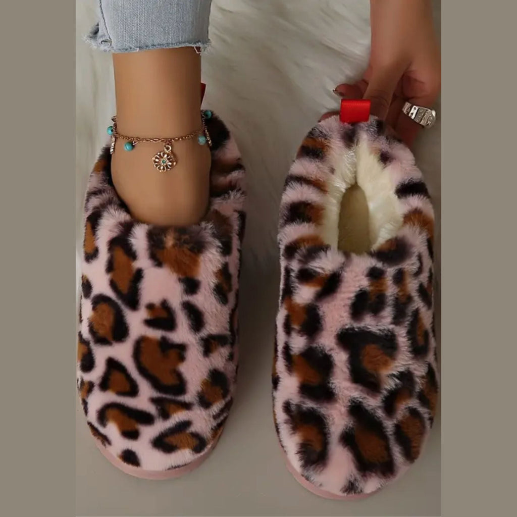 Mocassin mule fourrée léopard à plateforme pour femme