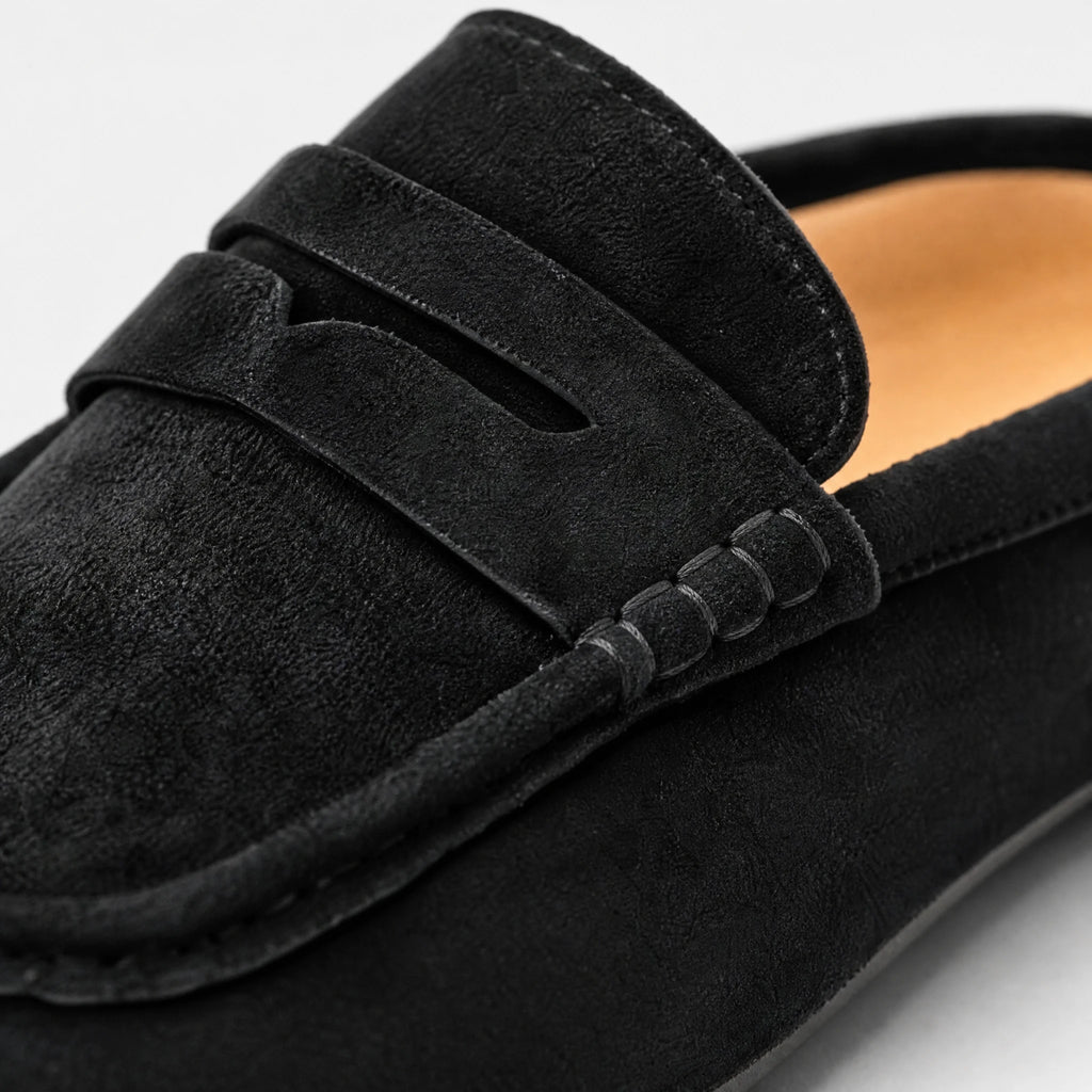 Mocassin Mule Noir Ouvert à Talon Bas et Semelle Souple - Détail matière