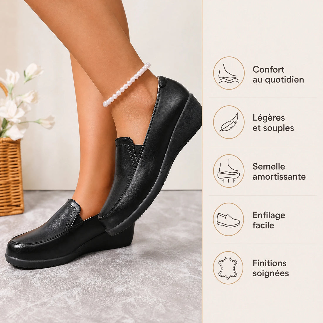 Mocassin noir compensé pour femme, confortable et élégant - Bénéfices produit