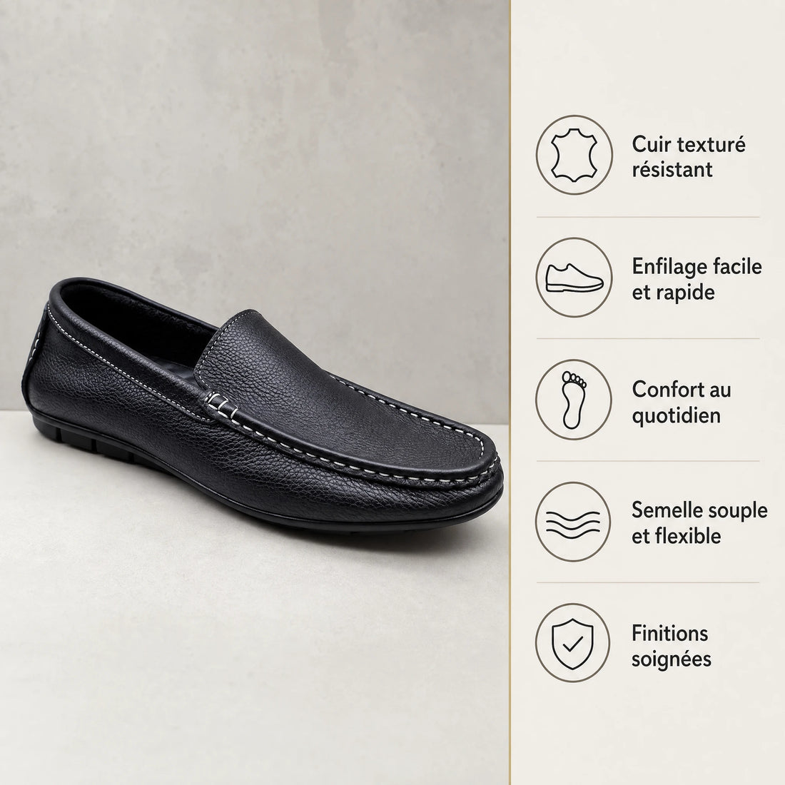 Mocassin noir homme à enfiler avec surpiqûres blanches - Bénéfices produit