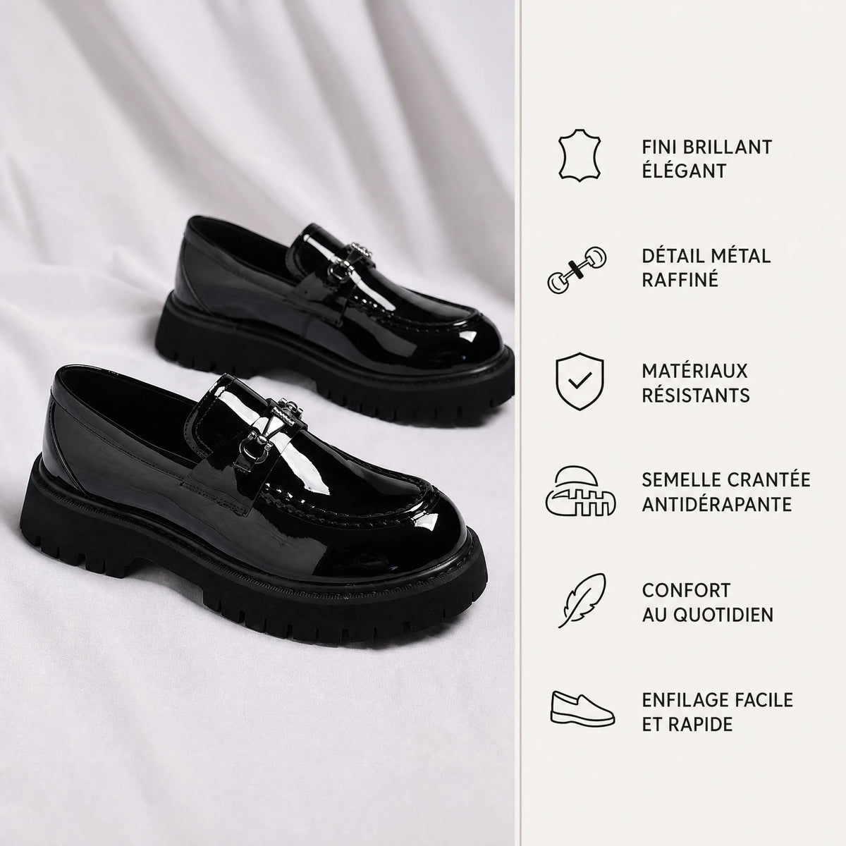 Mocassin noir homme vernis à semelle épaisse crantée - Bénéfices produit