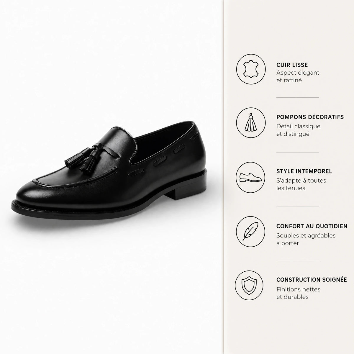 Mocassin Noir Vernis Homme à Glands - Bénéfices produit