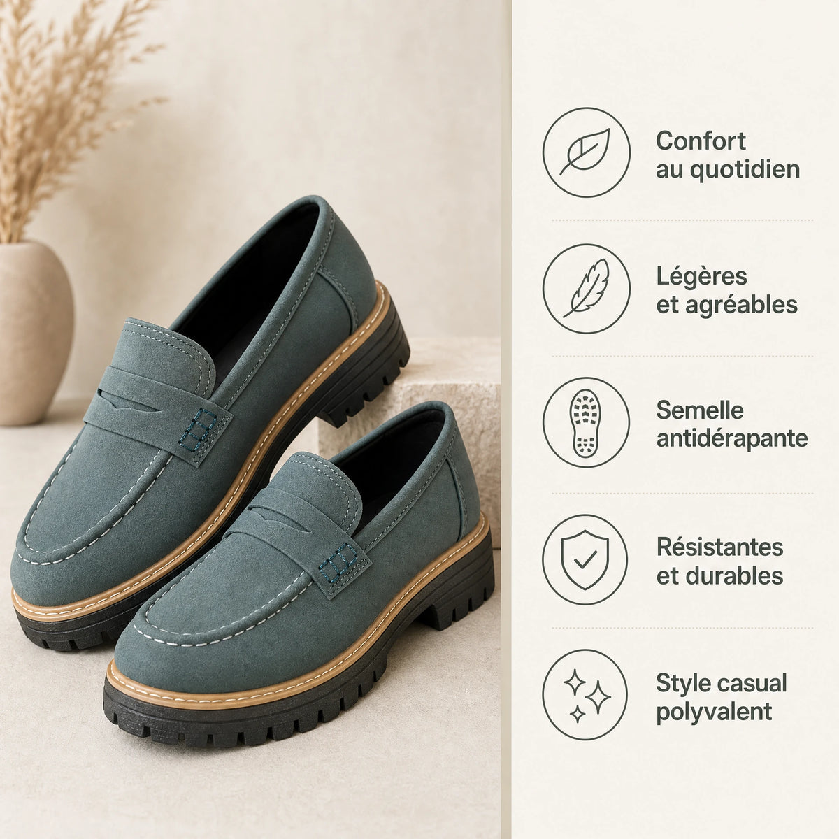 Mocassin plateforme femme à semelle crantée - Bénéfices produit