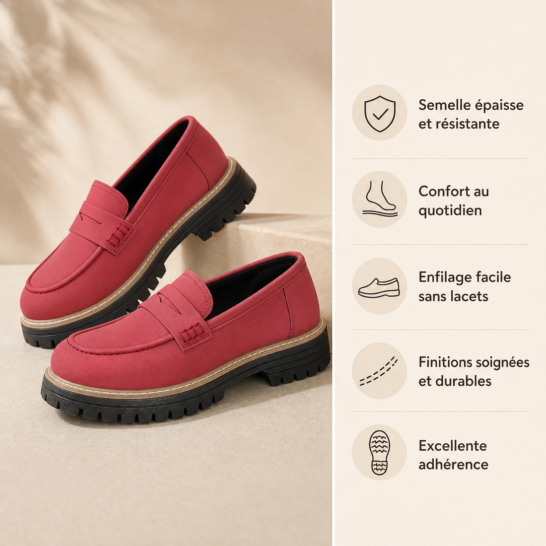 Mocassin plateforme femme à semelle crantée coloris pastels - Bénéfices produit