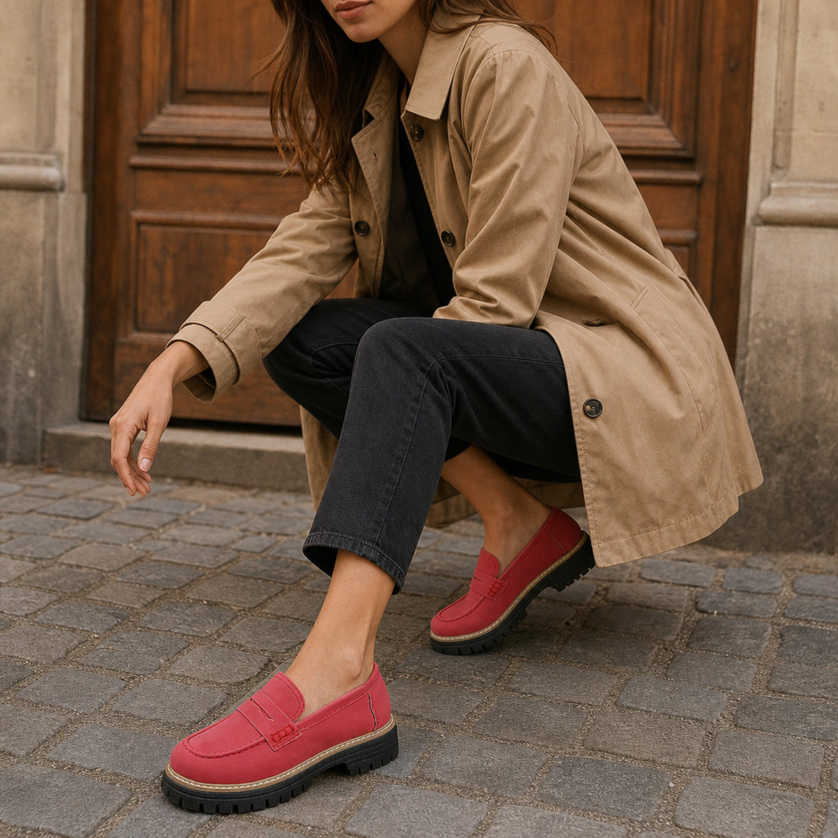 Mocassin plateforme femme à semelle crantée coloris pastels, portés en situation, photo 1