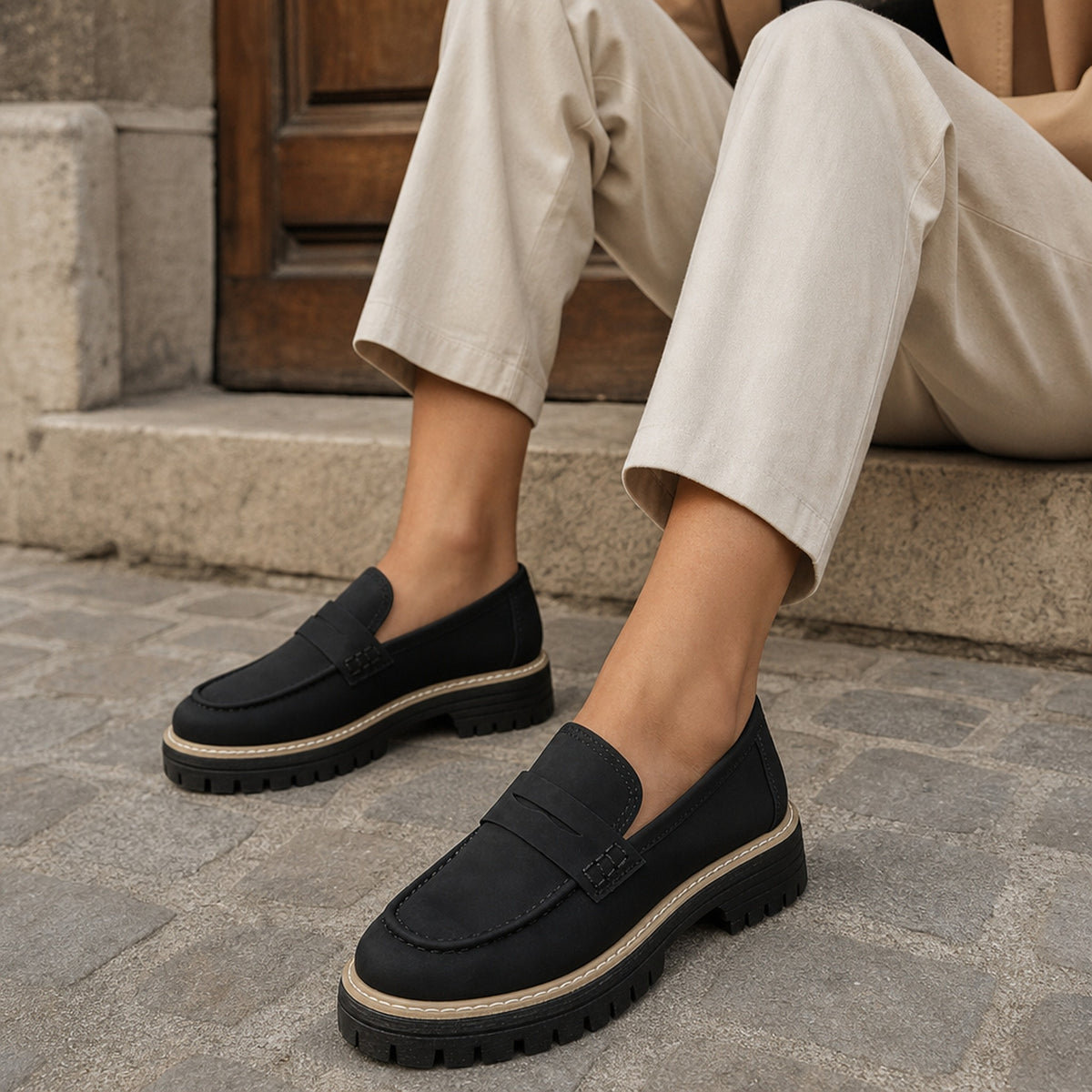 Mocassin plateforme femme à semelle crantée, portés en situation, photo 1