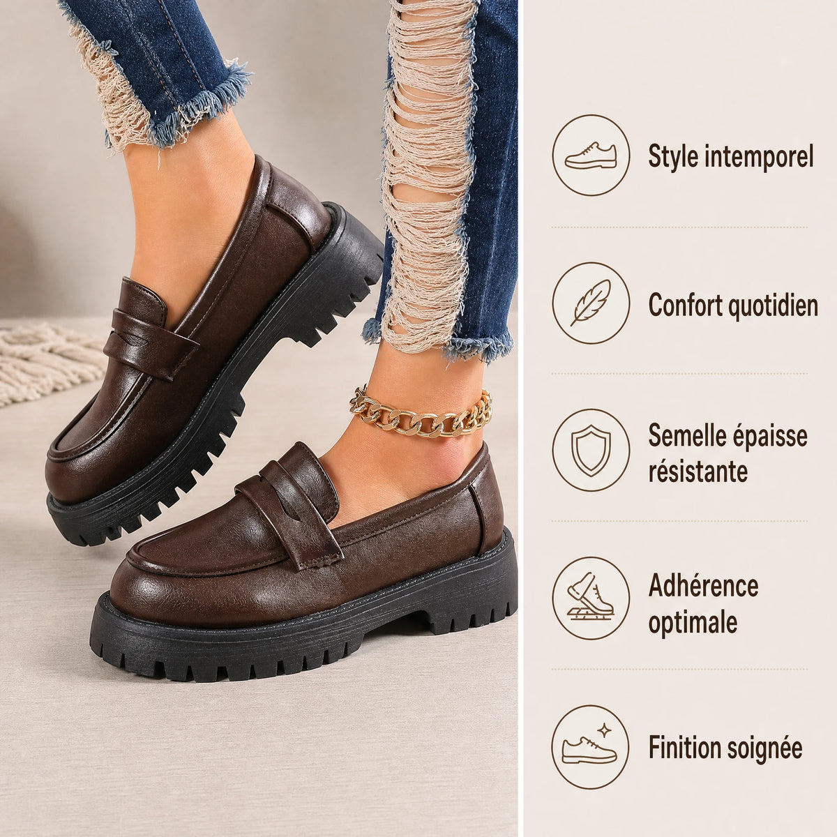 Mocassin semelle crantée femme à plateforme marron ou noir - Bénéfices produit