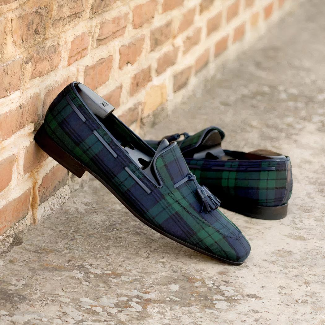 Mocassins à gland à carreaux bleu et vert pour homme