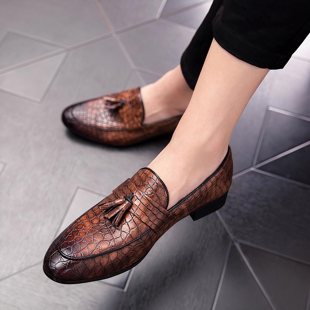 Mocassins à glands en cuir véritable effet croco pour homme