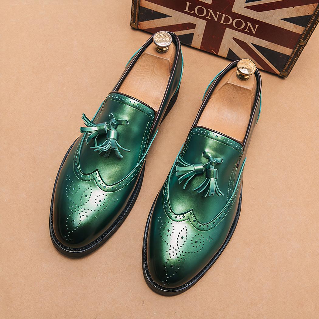 Mocassins à gland vert métallique pour hommes