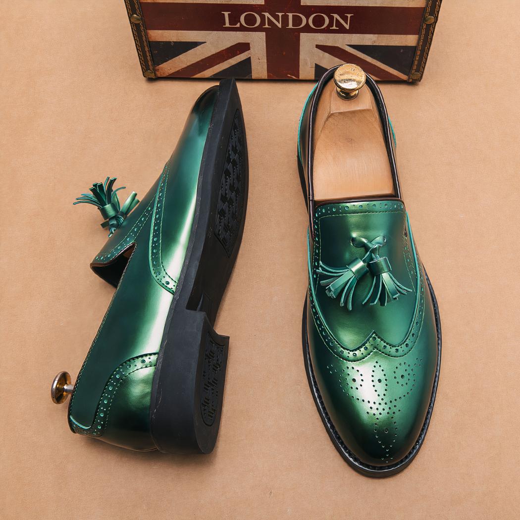 Mocassins à gland vert métallique pour hommes