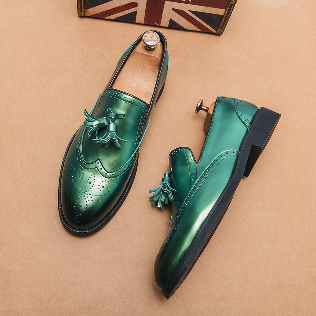 Mocassins à gland vert métallique pour hommes